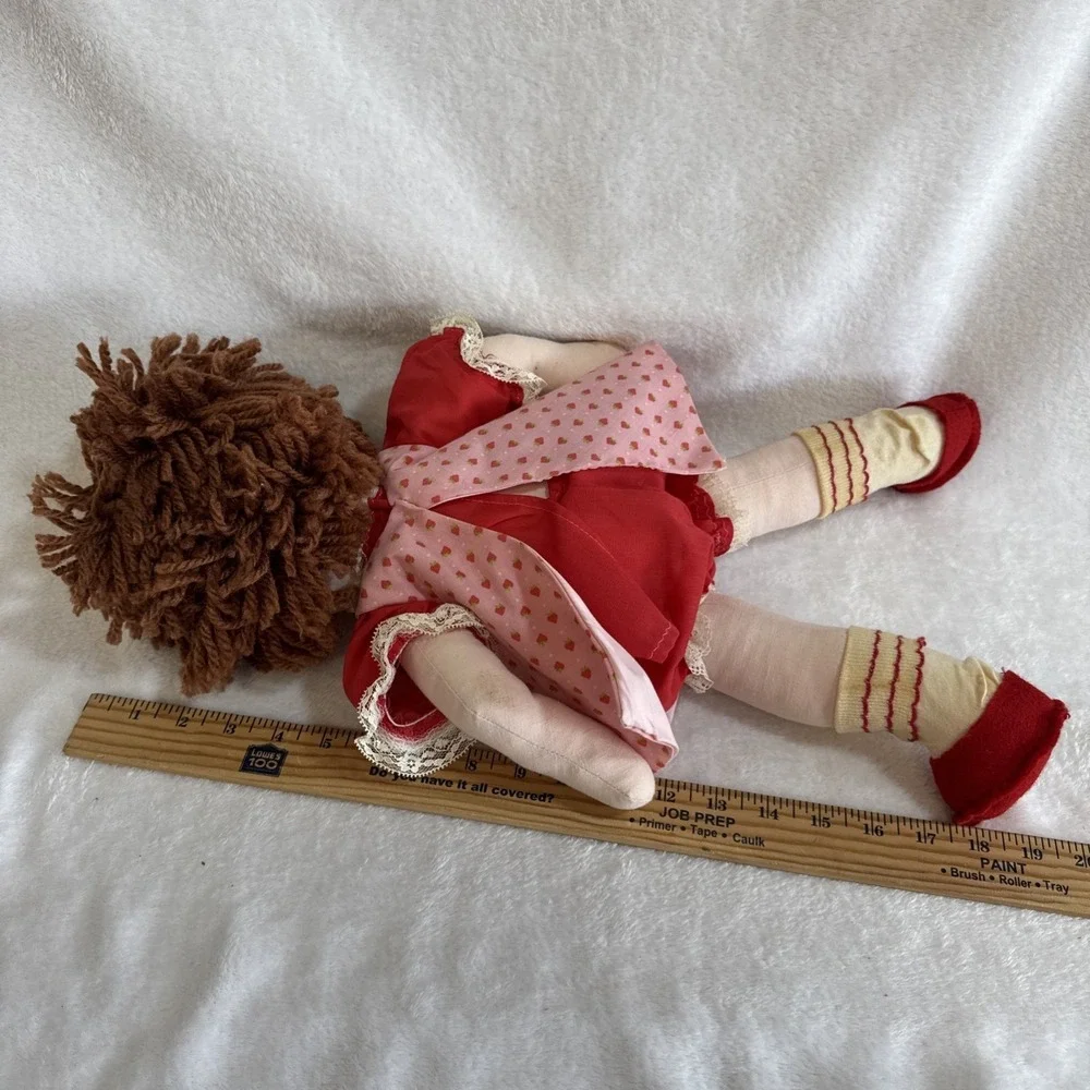 Vintage Rag‎ Doll Strawberry Dress Yarn Hair Handmade Stuffed Toy Plush Doll